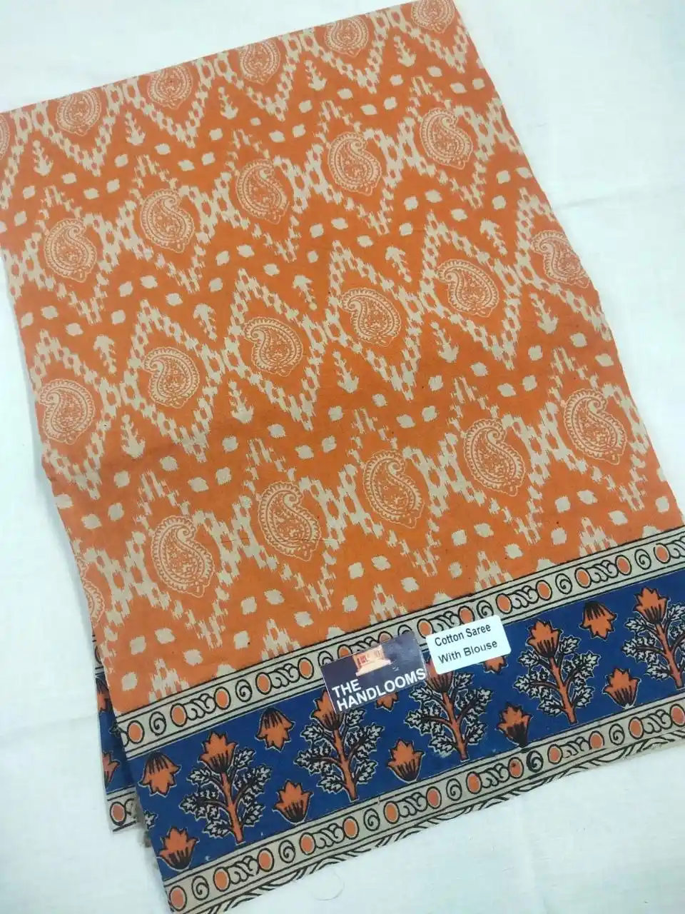 Orange Navy Floral Tree Kalamkari Pure Handloom Cotton Saree